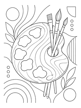 An artistic wooden palette and brushes on a paris coloring page with abstract shapes.