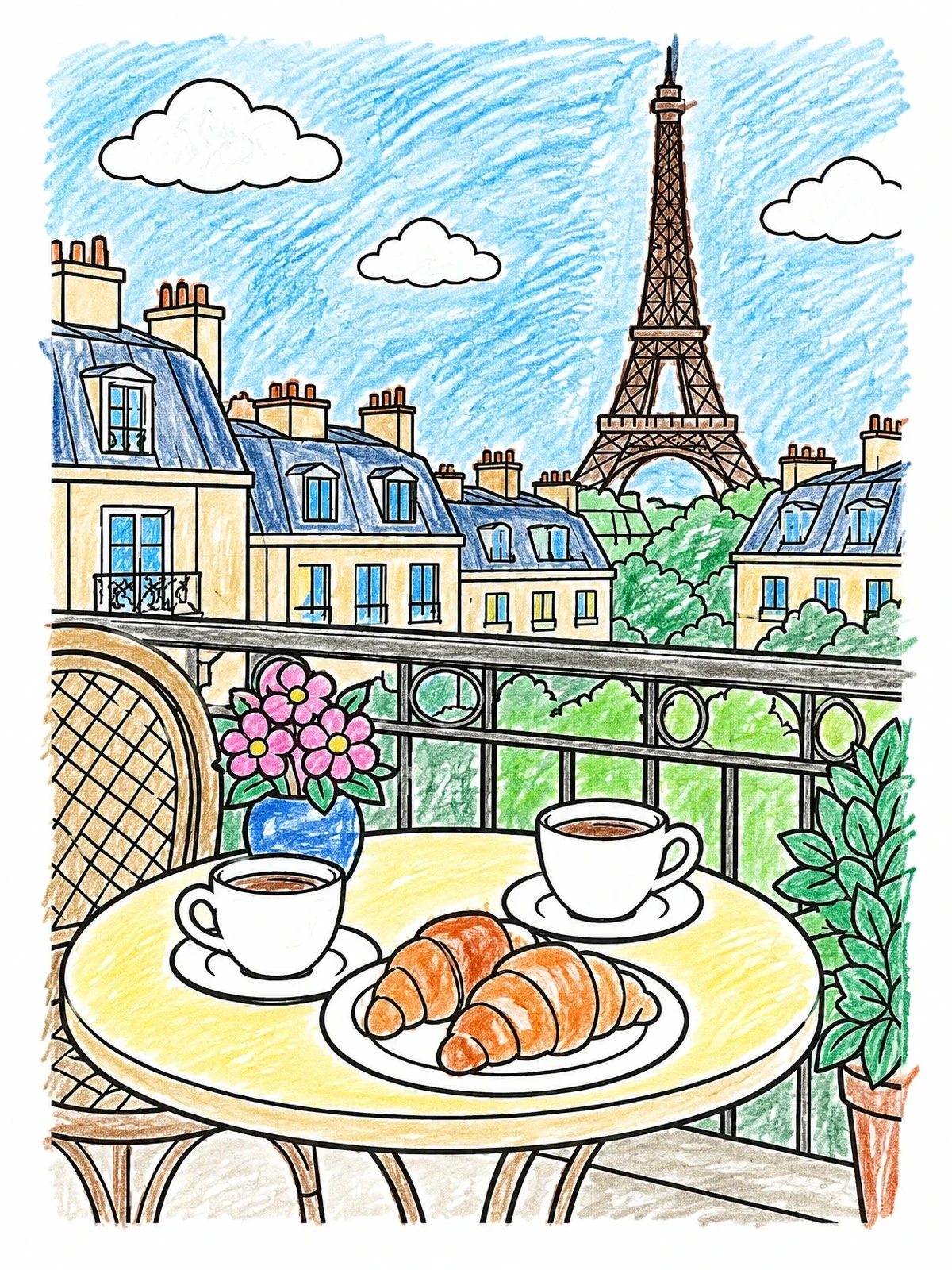 Colored example of the Parisian Balcony With Eiffel Tower View coloring page