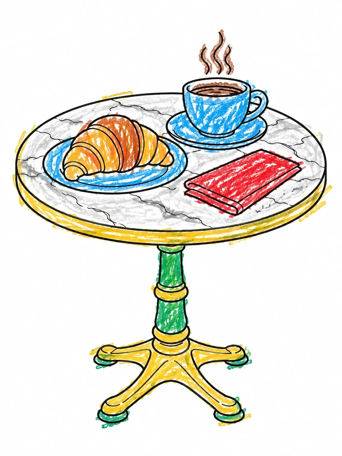 Colored example of the Bistro Table With Croissant And Coffee coloring page