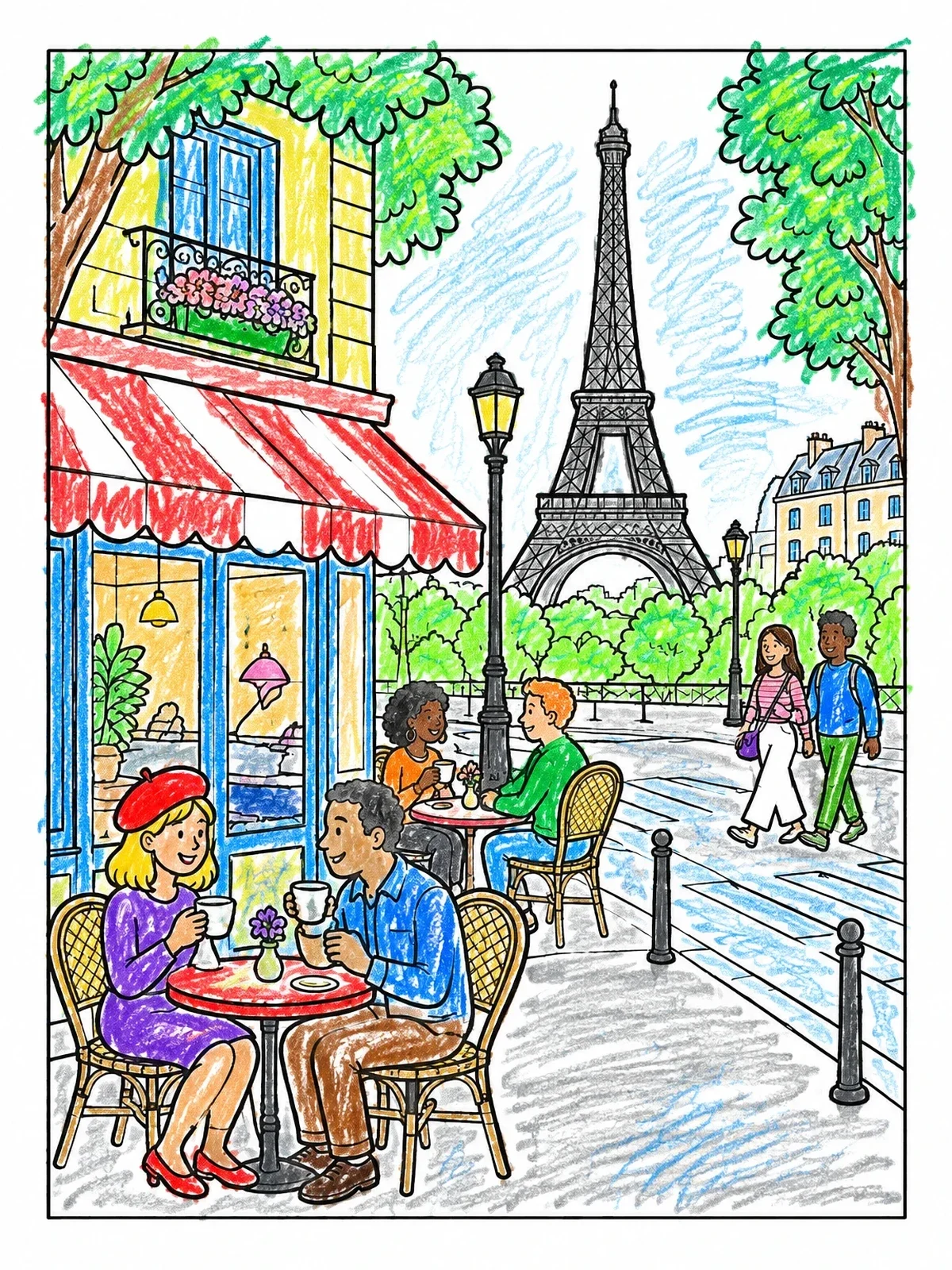 Colored example of the Cozy Sidewalk Cafe By The Eiffel Tower coloring page