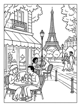 Free printable Cozy Sidewalk Cafe By The Eiffel Tower coloring page