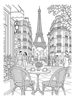 A charming paris cafe coloring page featuring a bistro table, chairs, and a view of the Eiffel Tower.