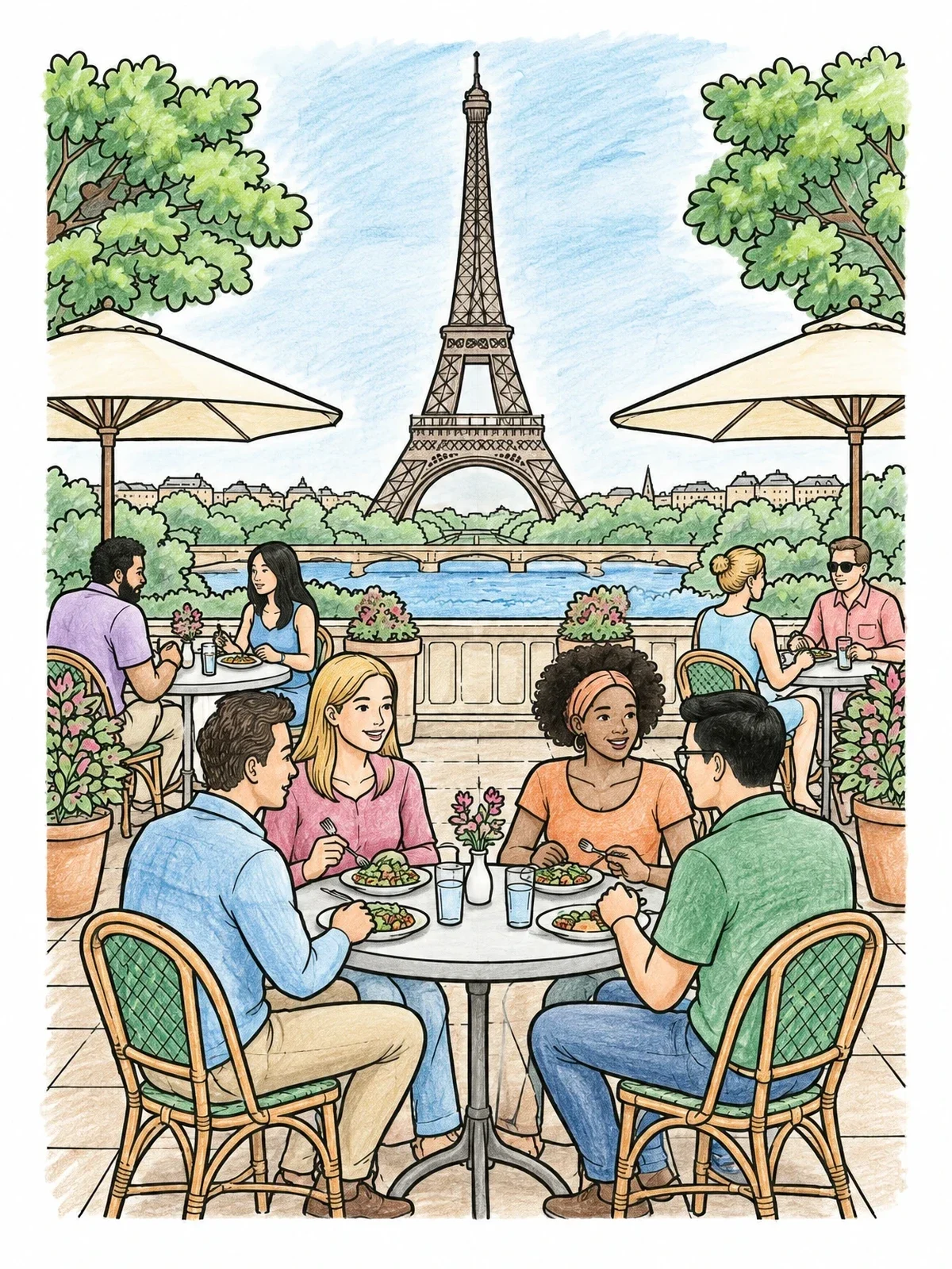 Colored example of the Terrace Dining By The Eiffel Tower coloring page