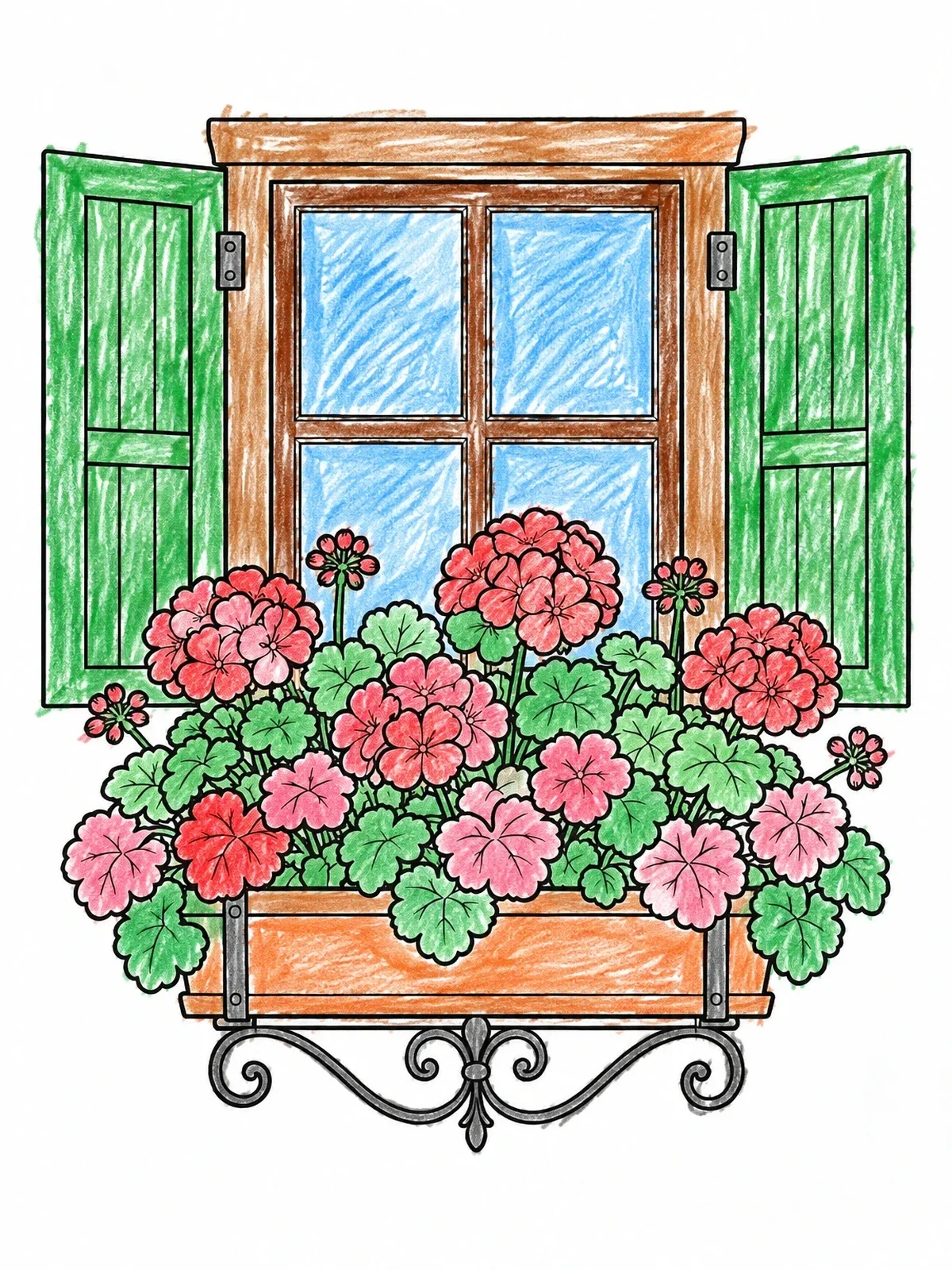 Colored example of the Window Box With Blooming Geraniums coloring page