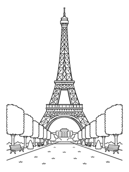 A detailed paris coloring page showing the Eiffel Tower rising above a park avenue with trees and benches.