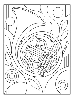 A detailed French horn surrounded by flowing abstract shapes on a paris coloring page.
