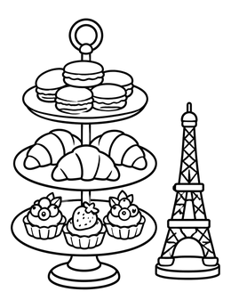 Free printable French Pastry Stand With Eiffel Tower coloring page