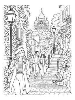 Strollers and a guitarist on a Montmartre alley in this paris coloring page.