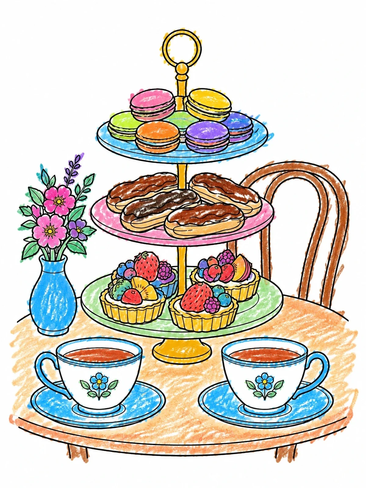 Colored example of the French Pastry Stand With Tea coloring page