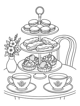 Free printable French Pastry Stand With Tea coloring page