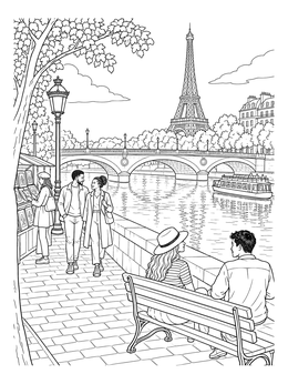 Strollers on the Seine riverside promenade overlook the Eiffel Tower in this detailed paris coloring page.