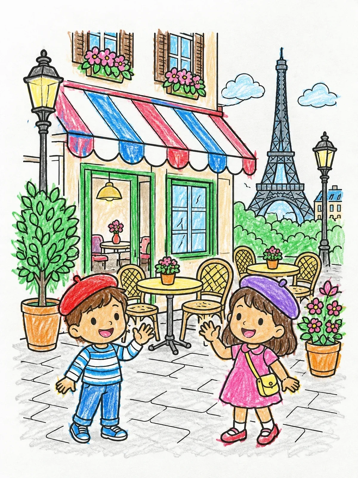 Colored example of the Kids At A Paris Sidewalk Cafe coloring page