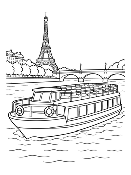 A sightseeing boat glides along the river in this paris coloring page with the Eiffel Tower behind it.