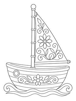 A decorative sailboat in this paris coloring page featuring floral motifs on gentle waves.