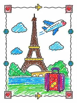 Paper Plane Drawing Example Paris Travel Postcard With Eiffel Tower Coloring Page