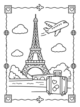 Free printable Paris Travel Postcard With Eiffel Tower coloring page