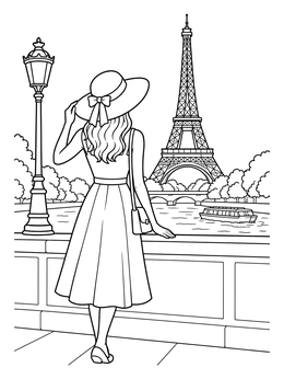 Free printable Woman Overlooking Eiffel Tower coloring page