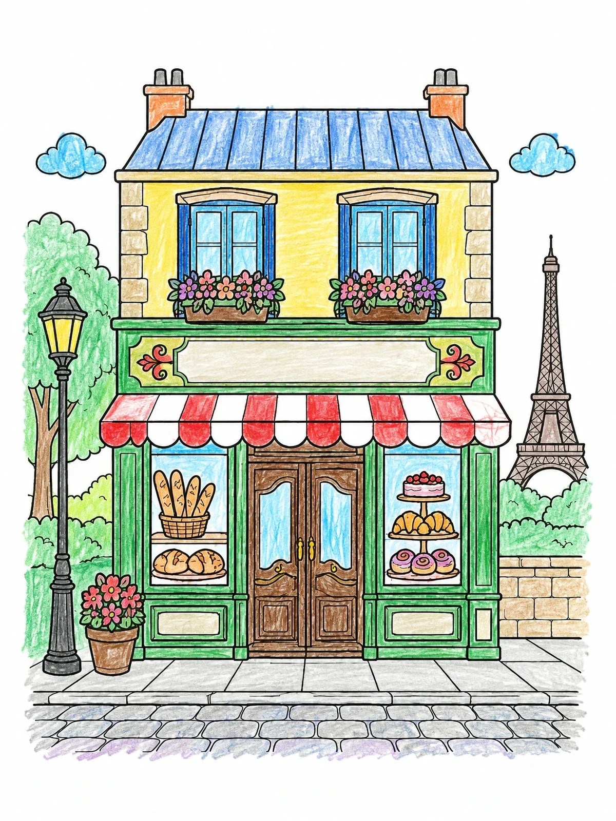 Colored example of the Parisian Bakery Shop Front coloring page