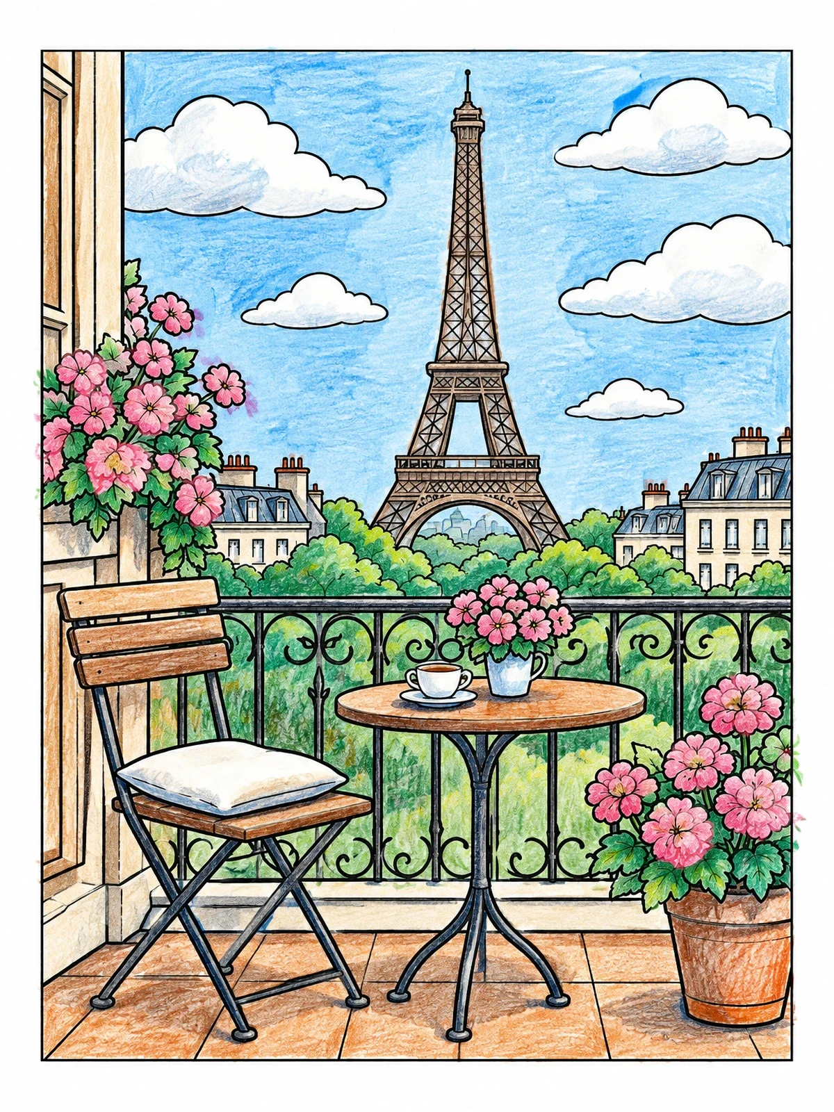 Colored example of the Parisian Balcony Overlooking The Eiffel Tower coloring page