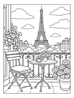 Free printable Parisian Balcony Overlooking The Eiffel Tower coloring page