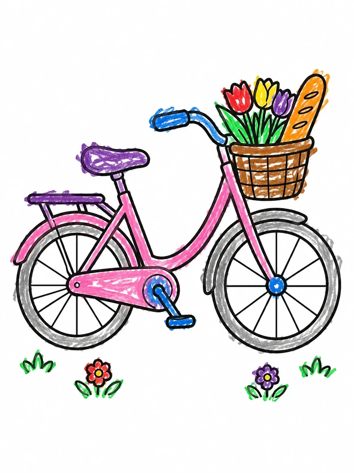Colored example of the Parisian Bicycle With Flower Basket coloring page