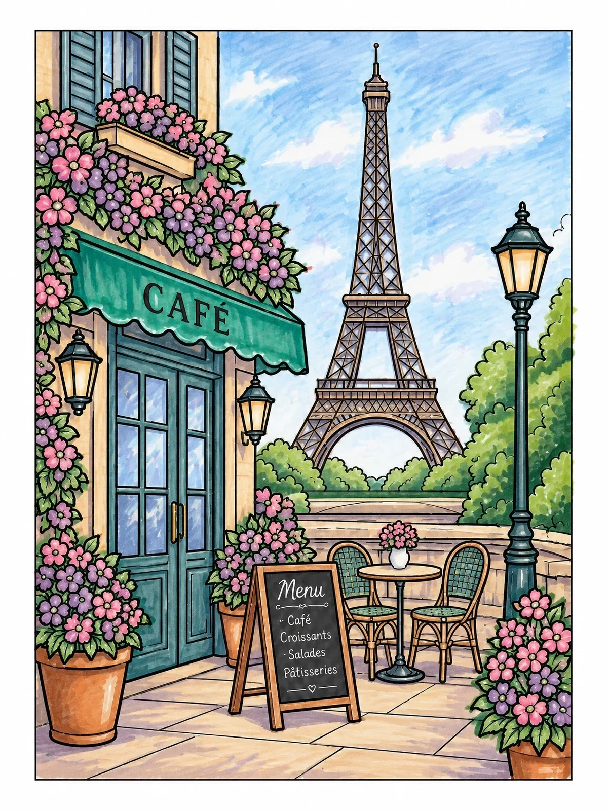Colored example of the Parisian Cafe With Eiffel Tower View coloring page