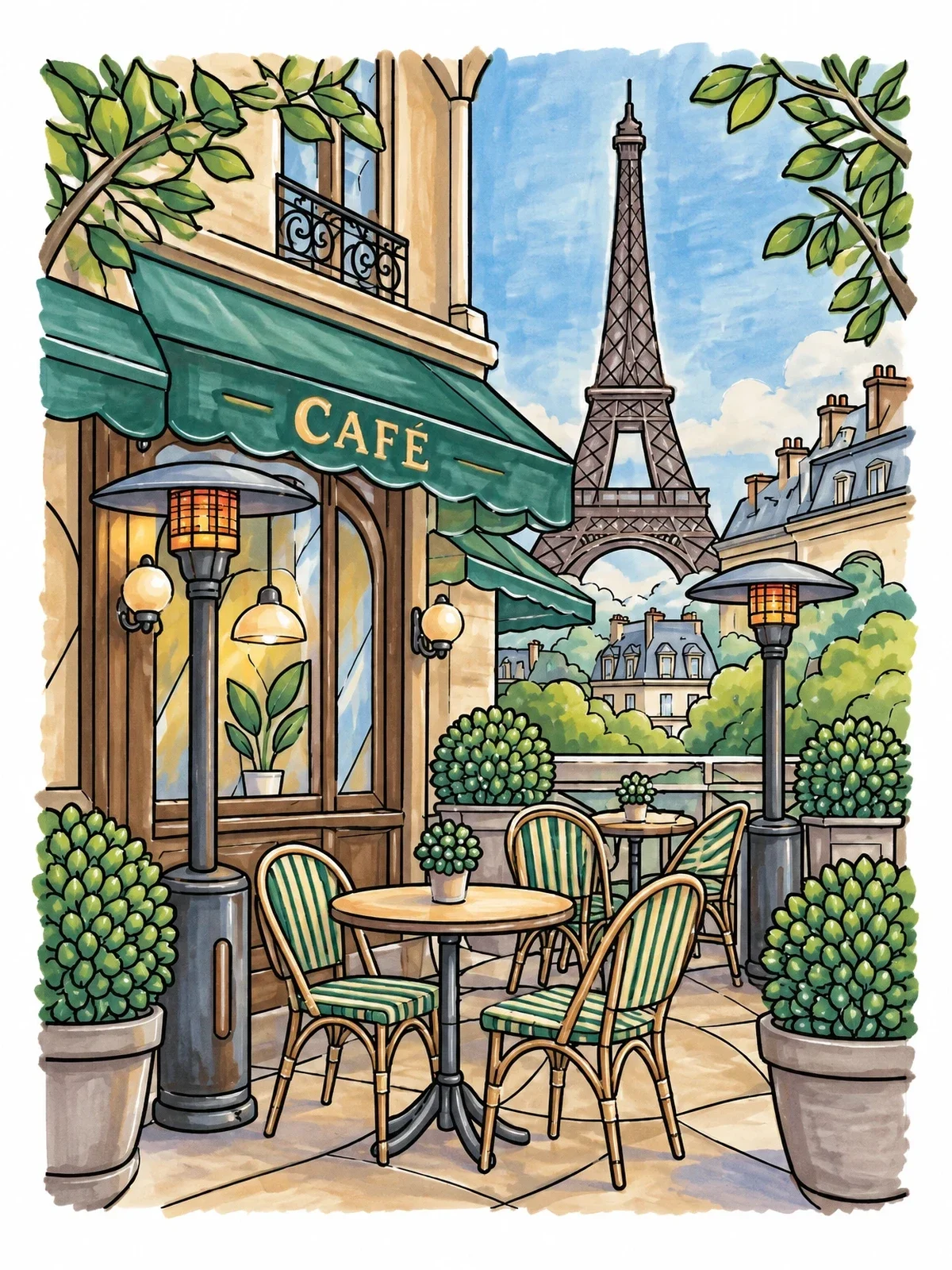 Colored example of the Parisian Cafe With Eiffel Tower coloring page