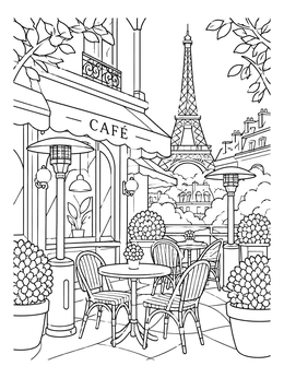 An inviting paris cafe coloring page showing outdoor seating, patio heaters, and the Eiffel Tower.