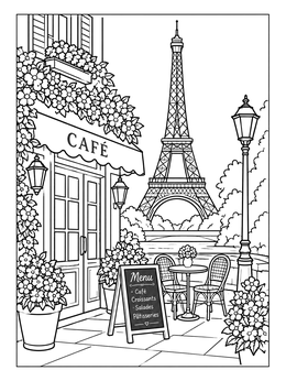 Free printable Parisian Cafe With Eiffel Tower View coloring page