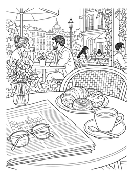 A peaceful paris cafe coloring page featuring pastries, coffee, and patrons on a sunny street terrace.