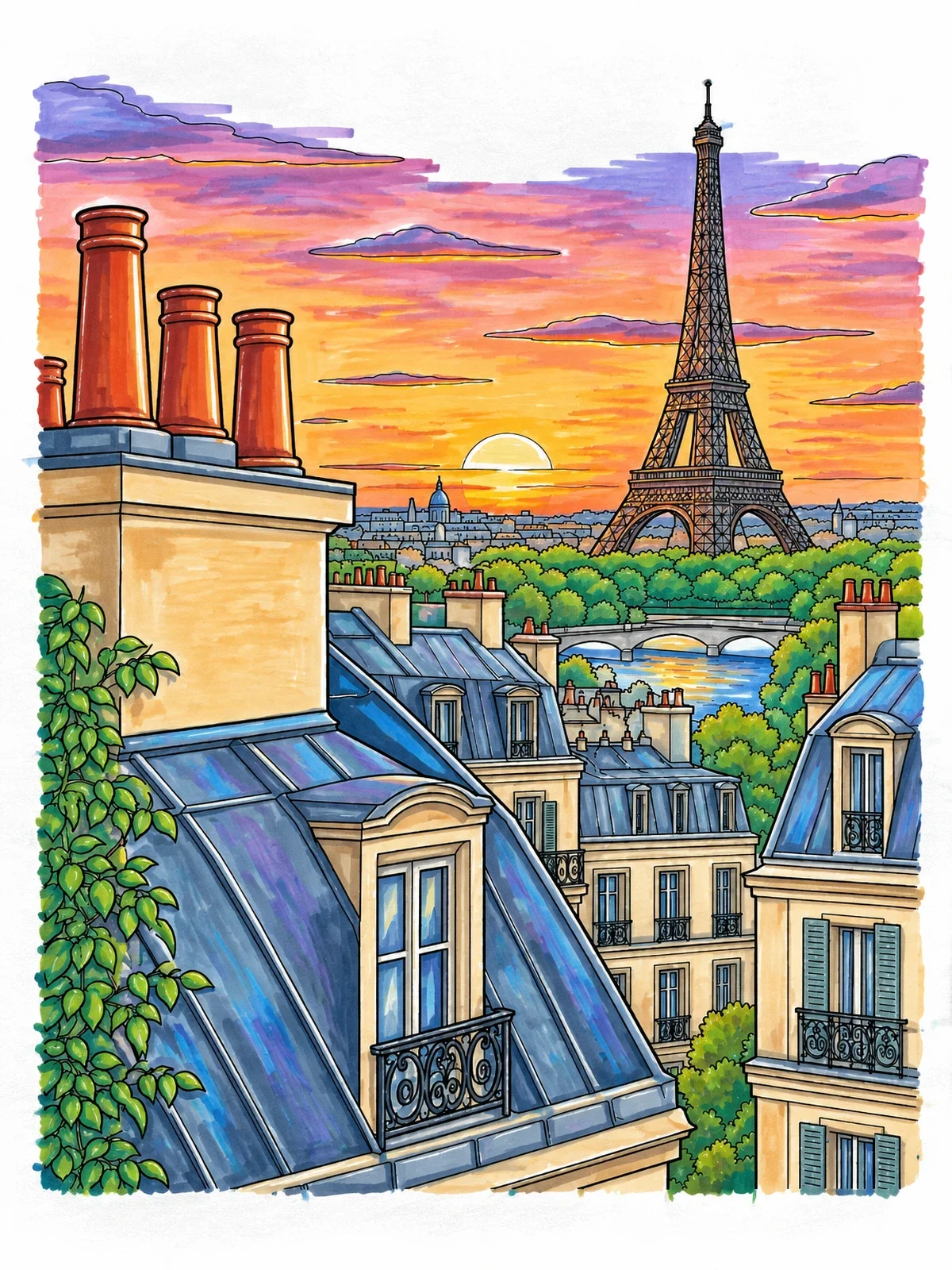 Colored example of the Parisian Rooftops And Eiffel Tower coloring page