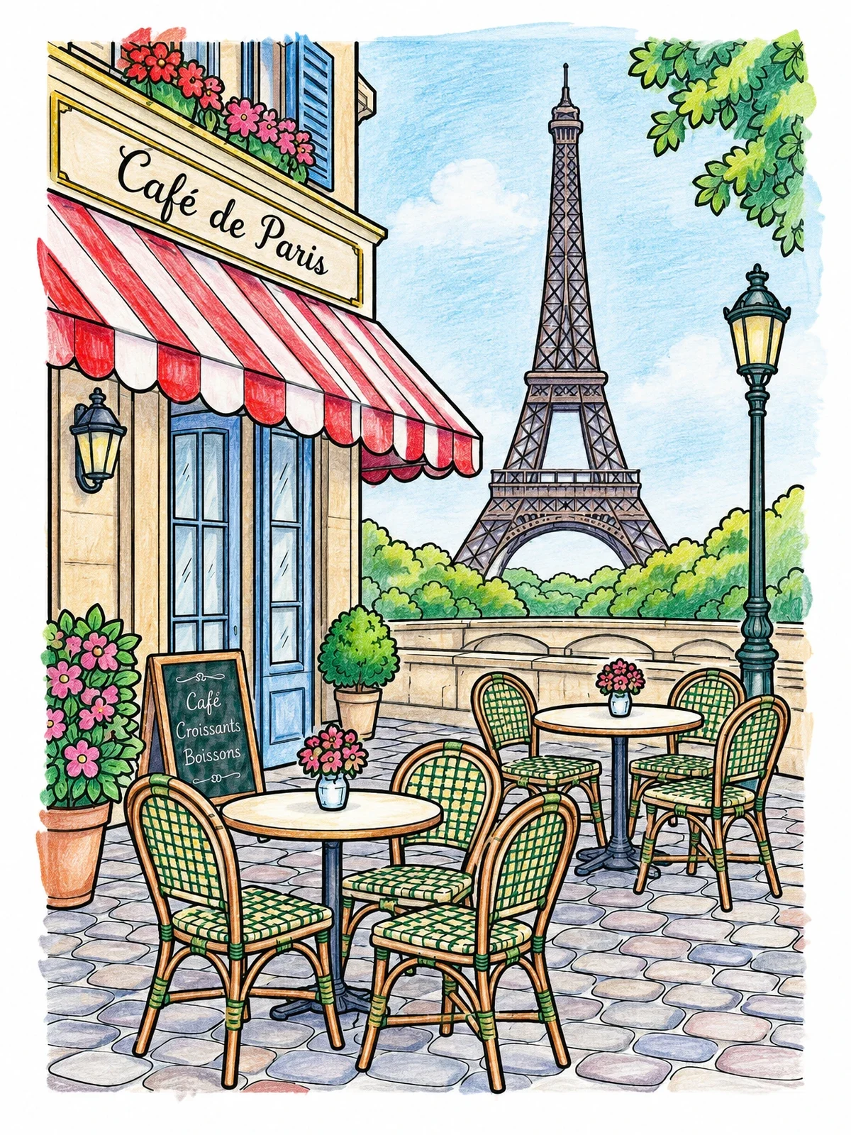 Colored example of the Parisian Sidewalk Cafe And Eiffel Tower coloring page