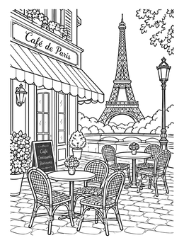 Free printable Parisian Sidewalk Cafe And Eiffel Tower coloring page
