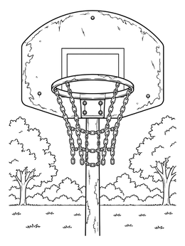An outdoor basketball hoop coloring page featuring a metal chain net against park trees.