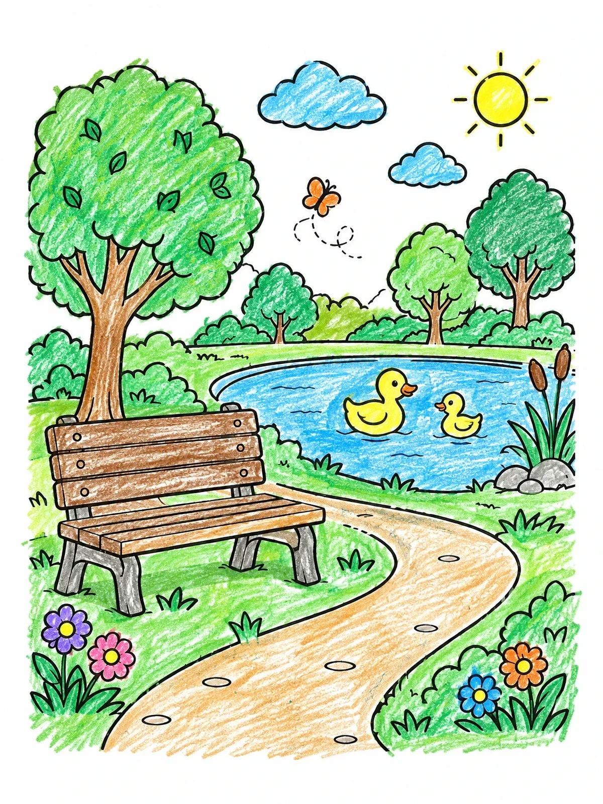 Colored example of the Park Bench By The Duck Pond coloring page