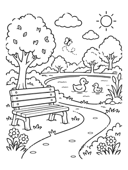 Free printable Park Bench By The Duck Pond coloring page