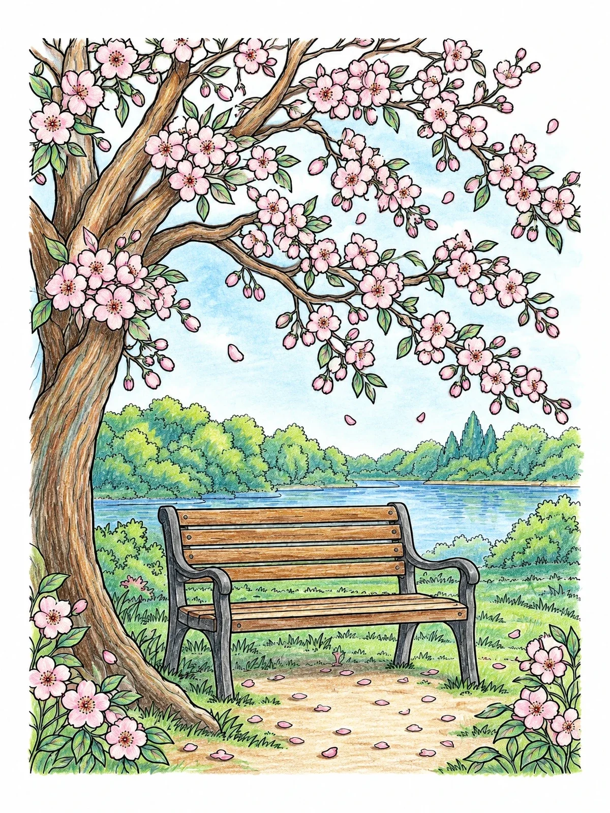 Colored example of the Park Bench Under Blooming Cherry Tree coloring page