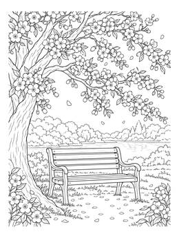 Free printable Park Bench Under Blooming Cherry Tree coloring page