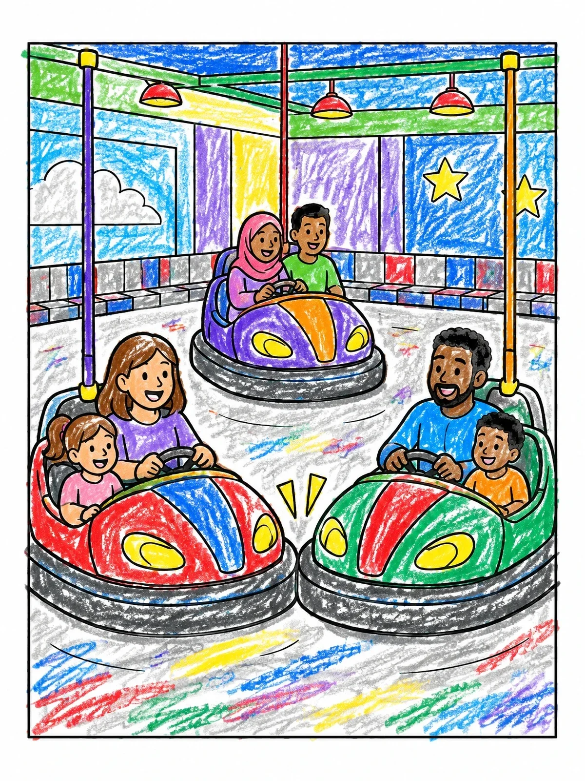 Colored example of the Families In Bumper Cars coloring page