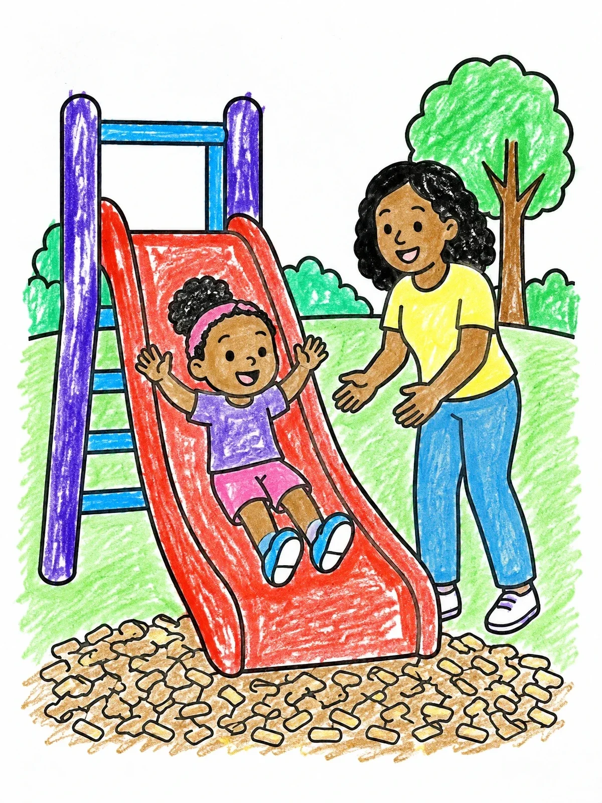 Colored example of the Child Sliding Down Playground Slide coloring page