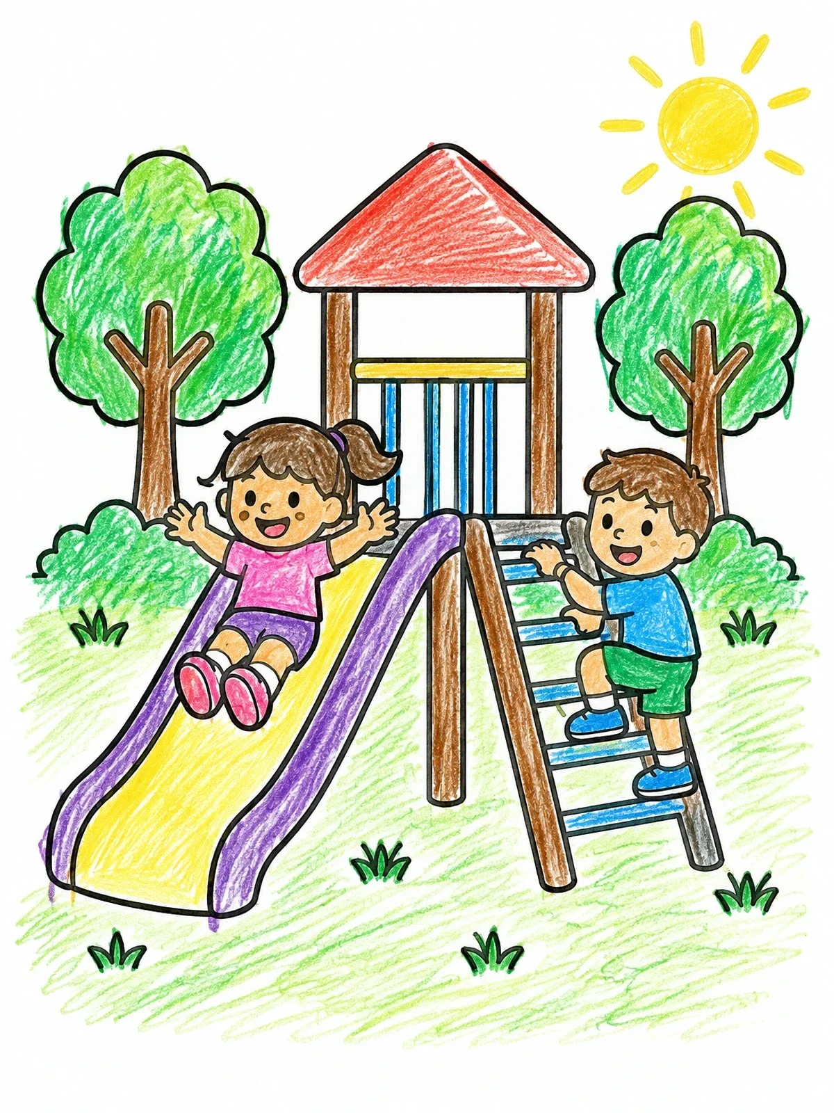 Colored example of the Children Having Fun On Playground Slide coloring page