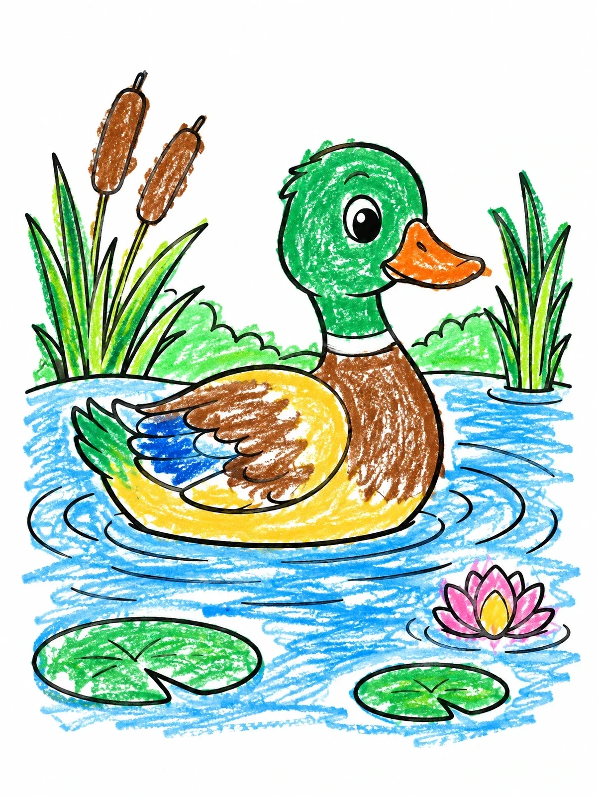 Colored example of the Cute Duckling Swimming In Pond coloring page