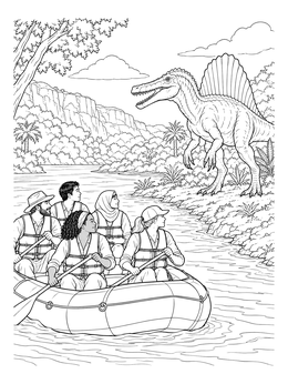 A safari raft passes a Spinosaurus on the riverbank in this dinosaur theme park coloring page.