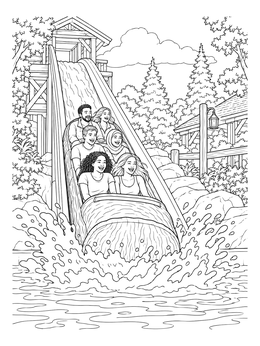 Cheering friends splash down a water slide in this theme park coloring page.