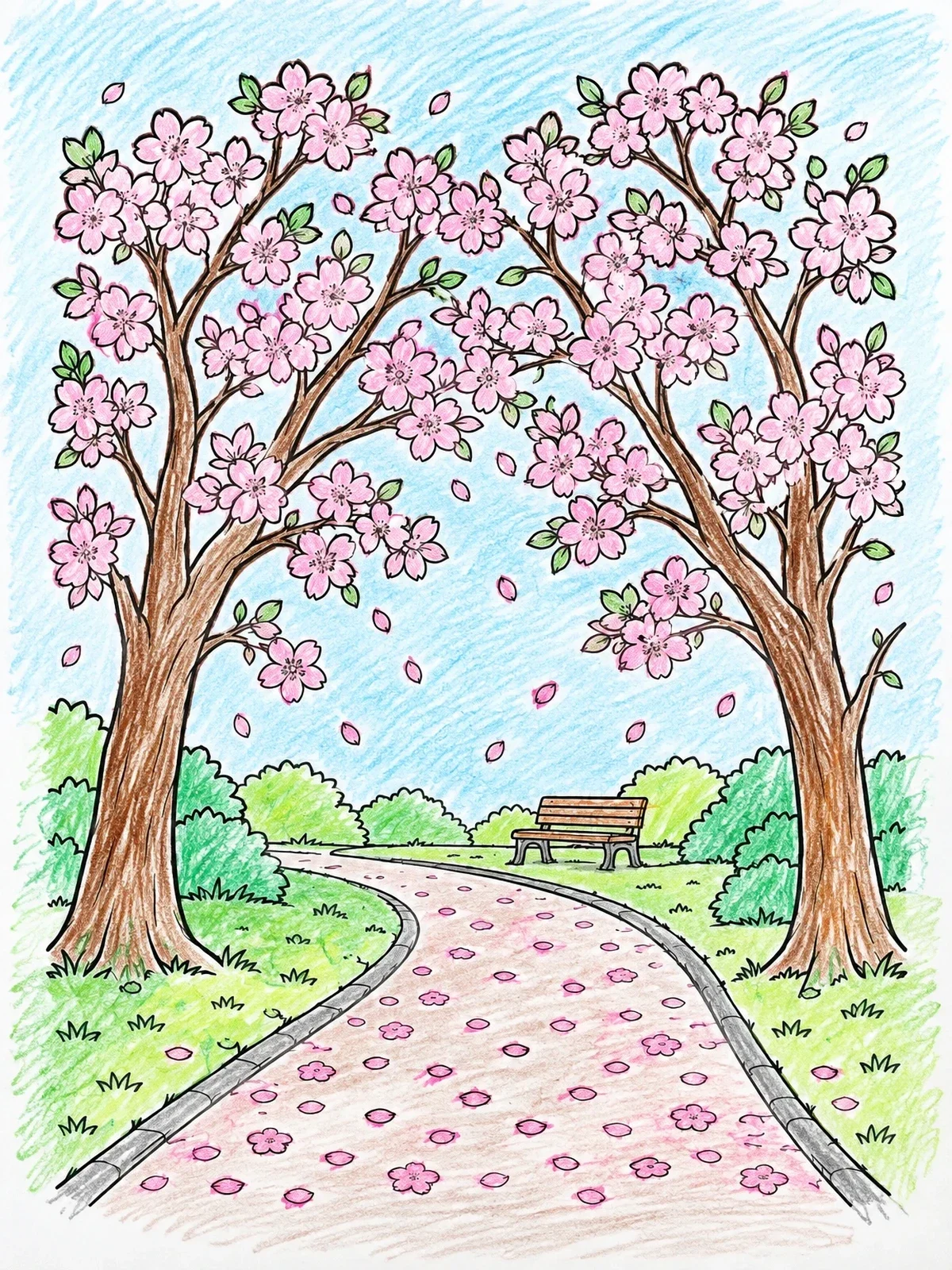 Colored example of the Park Path Under Blooming Cherry Trees coloring page