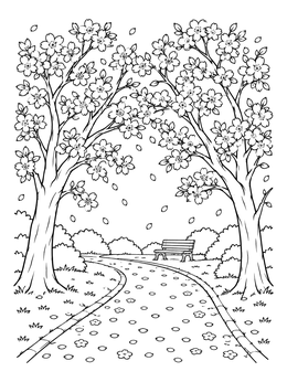 Free printable Park Path Under Blooming Cherry Trees coloring page