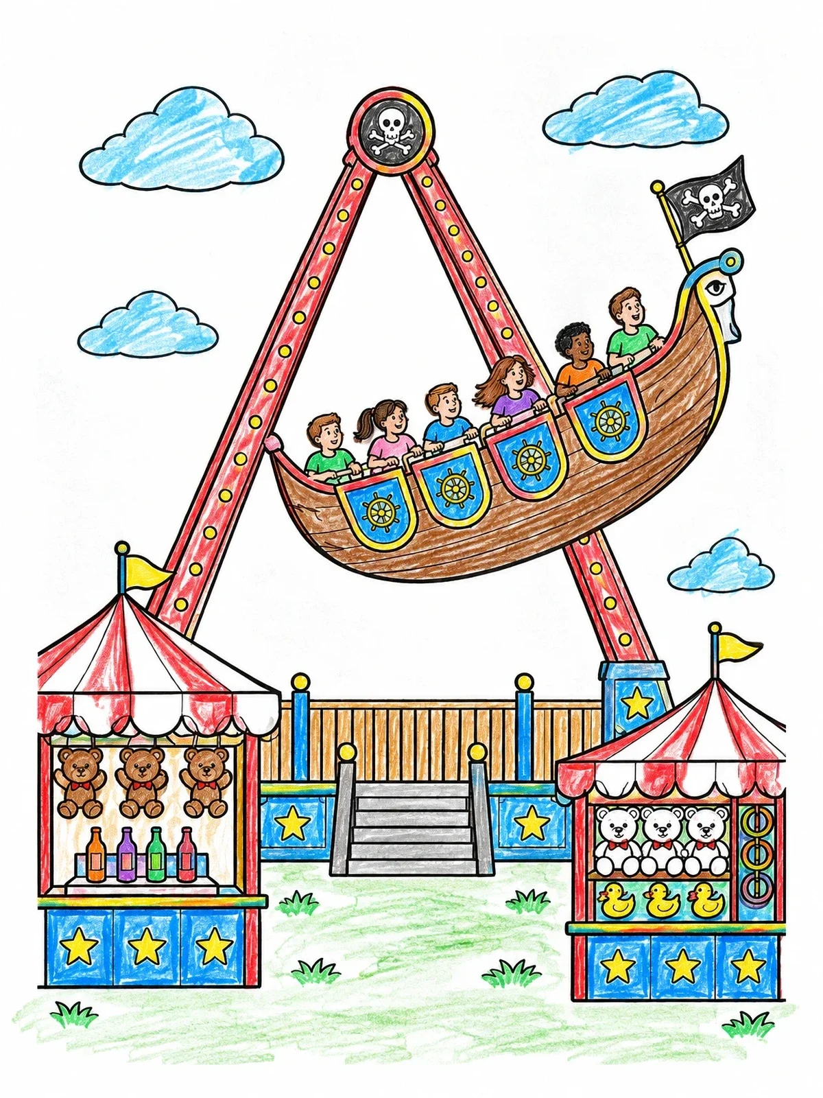 Colored example of the Pirate Ship Ride And Carnival Booths coloring page