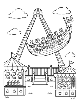 Excited children enjoy a pirate ship ride in this fun amusement park coloring page.