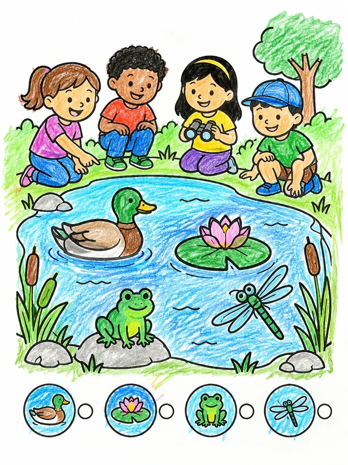 Colored example of the Park Pond Nature Scavenger Hunt coloring page