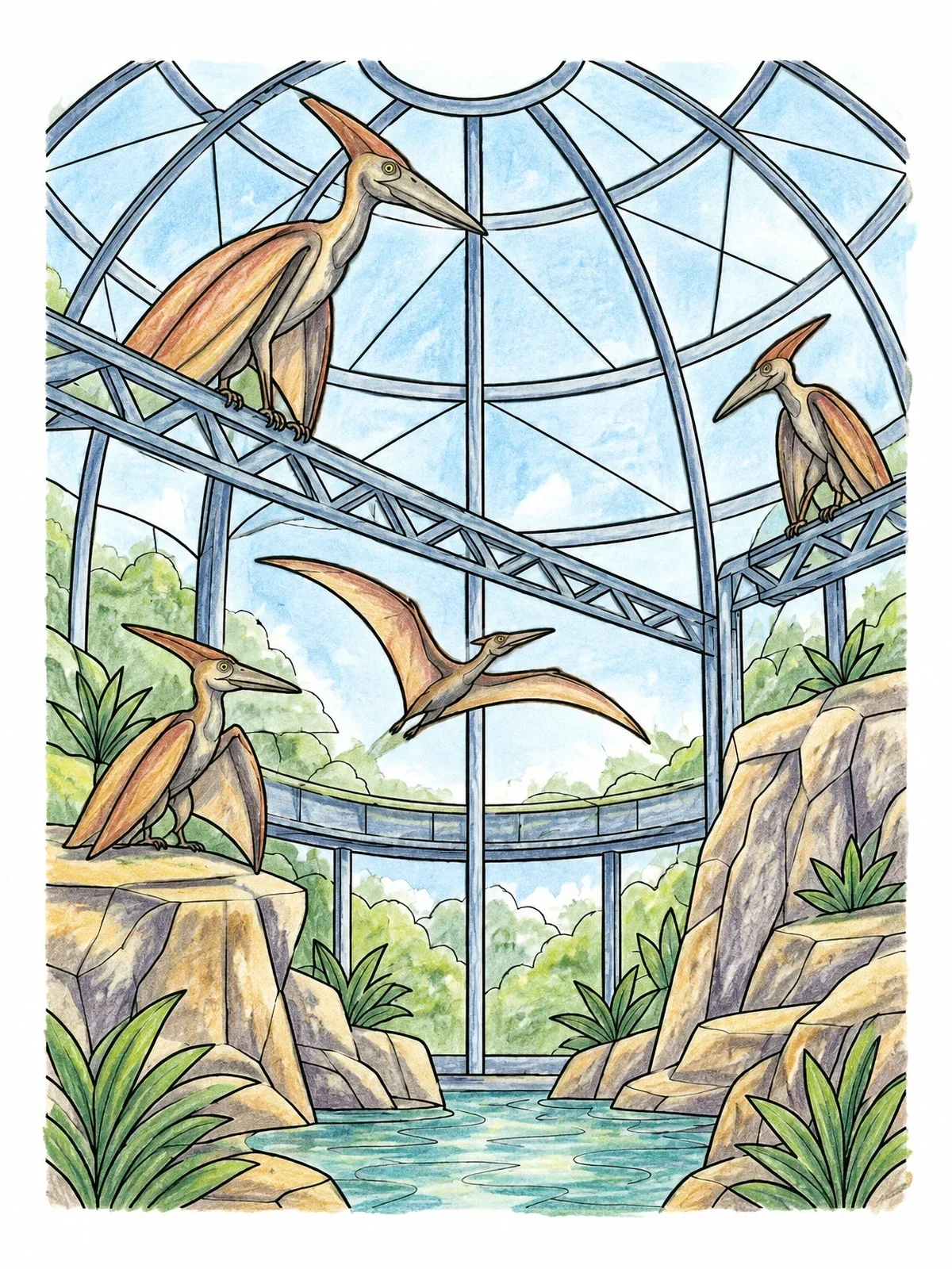Colored example of the Pterosaurs In Giant Aviary Dome coloring page
